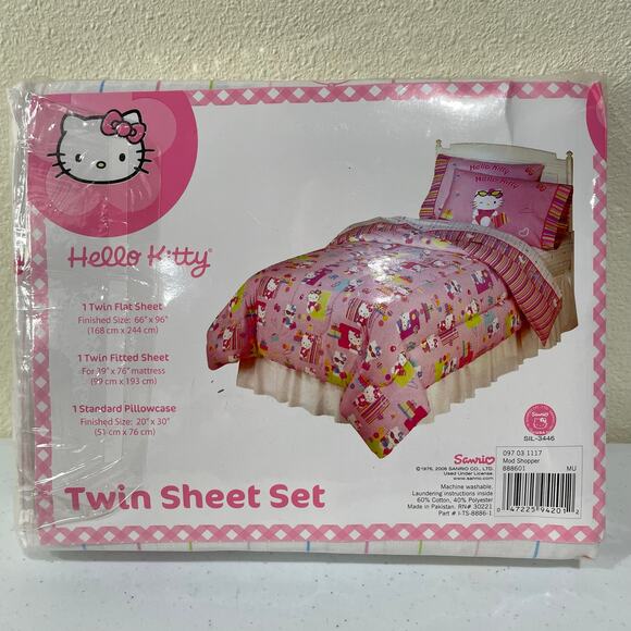 Vintage Y2k Hello Kitty Twin Sheet Set Flat Fitted & Pillowcase Mod Shopper NEW - Picture 3 of 7